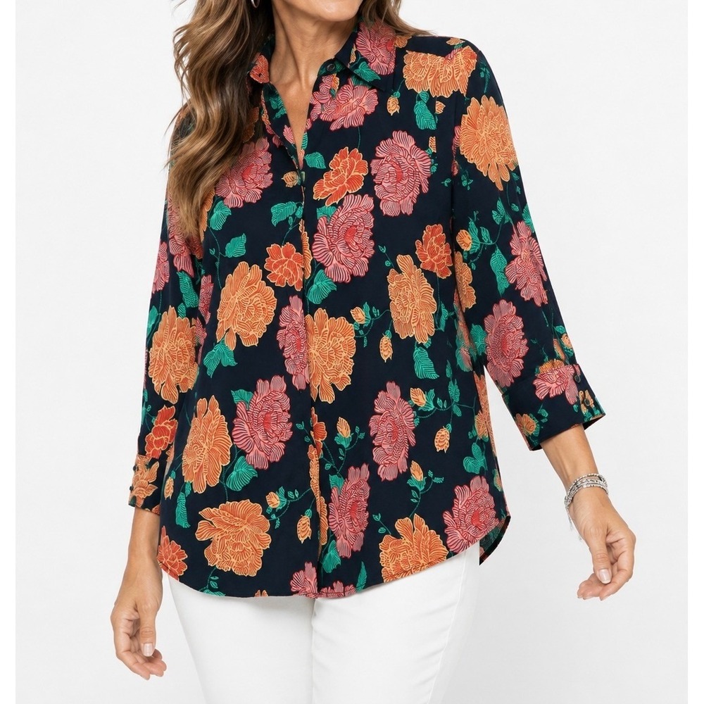 Chico's No-Iron Stain Shield Floral Button Up Shirt Navy Blue Size 2 US 12/14